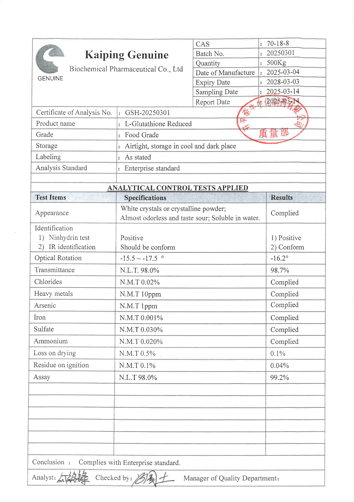 L-Glutathione Reduced batch certificate of analysis